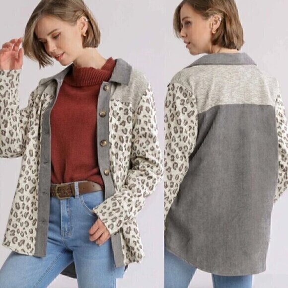 UMGEE Cream Ivory Gray Colorblock Leopard Animal Oversized Shacket Shirt Jacket - Picture 1 of 15